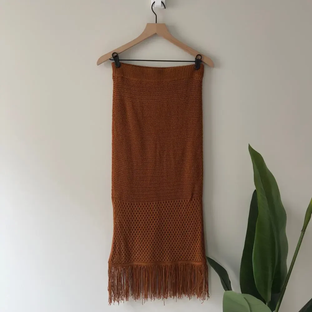 House of Harlow 1960 Revolve Fringe Hem Midi Skirt Elastic waist open knit slit